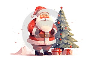 Happy Christmas Santa Claus with New Year tree and present girt boxes greeting card