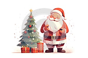 Happy Christmas Santa Claus with New Year tree and present girt boxes retro colours card