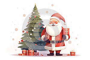 Happy Christmas Santa Claus with New Year tree and present girt boxes on white background