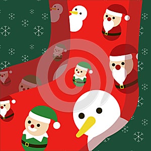 Happy christmas sock with santa, snowman, elf, reindeer, Cute illustration