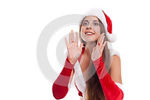 Happy Christmas woman excited say hello isolated on white background