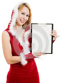 Happy Christmas woman holds a white billboard