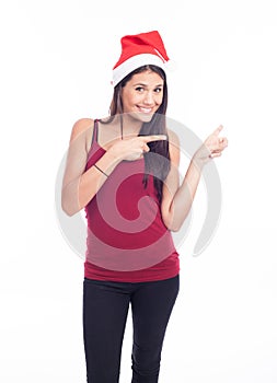 Happy christmas woman pointing
