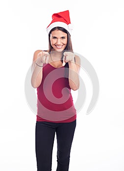 Happy christmas woman pointing