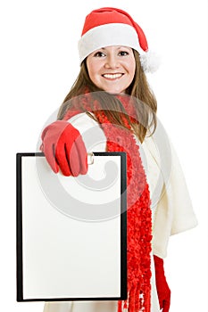 Happy Christmas woman with tablet in hand