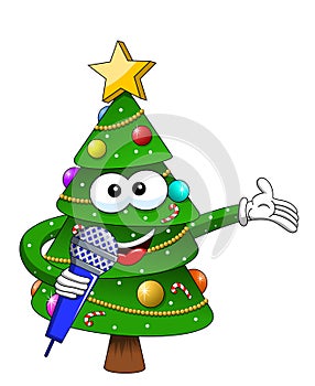 Happy Christmas or xmas character mascot speaking microphone isolated on white cartoon style vector symbol stock illustration w