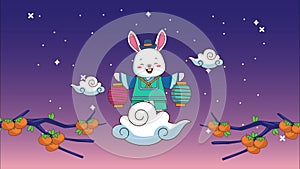 Happy chuseok celebrating with rabbit lifting lanterns in cloud