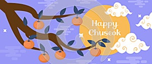 Happy Chuseok, Mid autumn festival card, poster template for your design. Persimmons Tree Branch, Korean Thanksgiving
