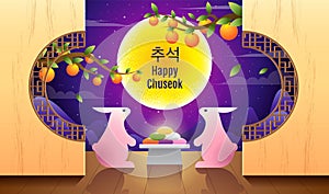 Happy Chuseok, Mid autumn festival. rabbits , Moon Festival , Thanksgiving in korea ,vector illustration