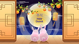 Happy Chuseok, Mid autumn festival. rabbits , Moon Festival ,vector illustration