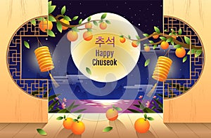 Happy Chuseok, Mid autumn festival. rabbits , Moon Festival ,vector illustration