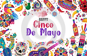 happy cinco de mayo banner with colorful Mexican ornament. Fiesta, holiday poster, party flyer, greeting card