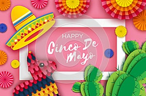 Happy Cinco de Mayo Greeting card. Colorful Paper Fan, Funny Pinata and Cactus in paper cut style. Origami Sombrero hat photo