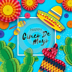 Happy Cinco de Mayo Greeting card. Colorful Paper Fan, Funny Pinata, Maraca and Cactus in paper cut style. Origami photo