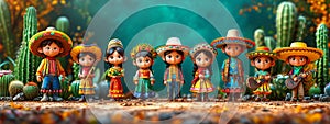 Happy Cinco de Mayo. Holiday banner. Mexican dolls in traditional costumes