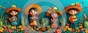 Happy Cinco de Mayo. Holiday banner. Mexican dolls in traditional costumes