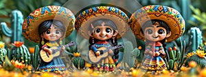 Happy Cinco de Mayo. Holiday banner. Mexican dolls in traditional costumes