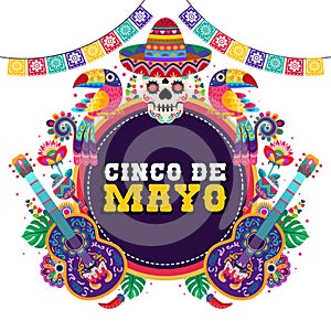 happy cinco de mayo illustration with colorful Mexican ornament. Fiesta, holiday poster, party flyer, greeting card