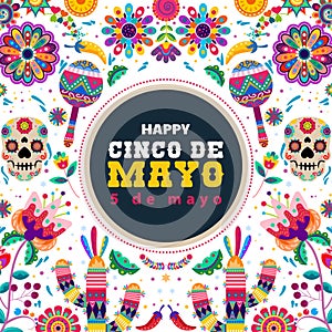 happy cinco de mayo illustration with colorful Mexican ornament. Fiesta, holiday poster, party flyer, greeting card