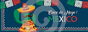 Happy Cinco de Mayo mexican mariachi cactus banner