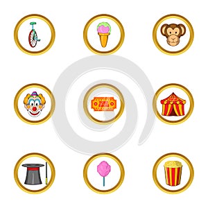 Happy circus icon set, cartoon style