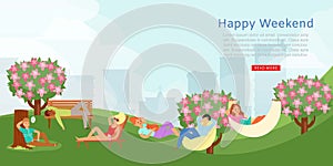 Happy city weekend outdoors leisure in park, summer time cartoon vector illustration. photo