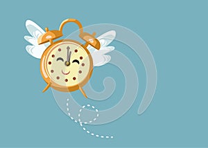 Happy Clock with Wings Flying Vector Cartoon Illustration