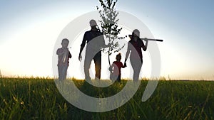 Happy, close-knit family with children, silhouette of farmers outdoors holding hands at sunset. Dad holds a young tree