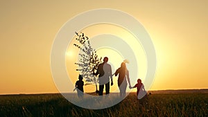 Happy, close-knit family with children, silhouette of farmers outdoors holding hands at sunset. Dad holds a young tree