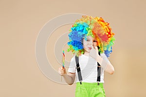 Happy clown boy in large colorful wig. Let`s party! Funny kid cl