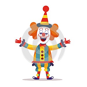 Happy clown cartoon character performing. Colorful clown entertainer smiling, gesturing welcoming photo