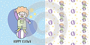 Happy Clown playing Ball and Seamless Pattern Illustration