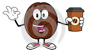 Happy Coffee Bean Cartoon Mascot Character Holding A Coffee Cup And Gesturing Ok