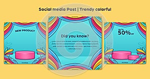 Happy colorful instagram square post template with doodle frame and podium product display