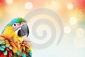 Happy colorful parrot on blurred background with copy space for text. Summer banner with funny ara.