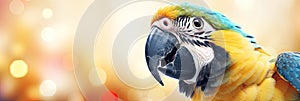 Happy colorful parrot on blurred background with copy space for text. Summer banner with funny ara.