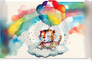 Happy Colorful rainbow baby Tiger cub on a cloud watercolor