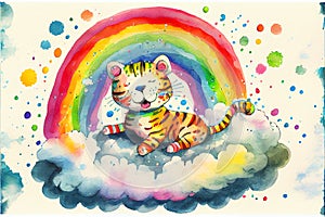 Happy Colorful rainbow baby Tiger cub on a cloud watercolor