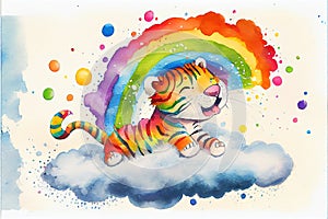 Happy Colorful rainbow baby Tiger cub on a cloud watercolor