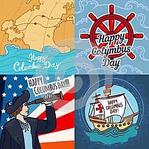 Happy columbus day banner set, hand drawn style