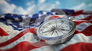 Happy Columbus Day concept. American flag, compass, on sky background.