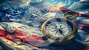 Happy Columbus Day concept. American flag, compass, on sky background.
