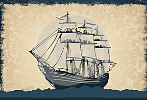 HAPPY COLUMBUS DAY Greeting card. Caravel on with waves flags in image.