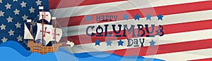 Happy Columbus Day National Usa Holiday Greeting Card With Ship Over American Flag