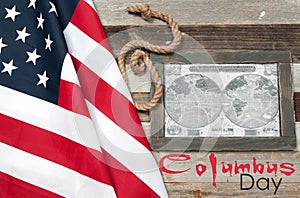 Happy Columbus Day. US flag. Map of the American continent