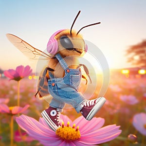 happy comic bee wearing jeans earphones and snikers at flower at sunrise macro close up shot