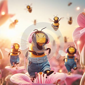 happy comic bee wearing jeans earphones and snikers at flower at sunrise macro close up shot