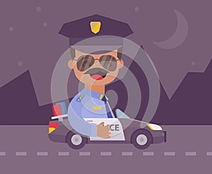 Happy comic policeman in a police car at night. Flat design cartoon style. Vector illustration