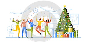 Happy Company Disco Fun. Cheerful Friends or Colleagues Celebrate Christmas, New Year Party. Characters Dancing