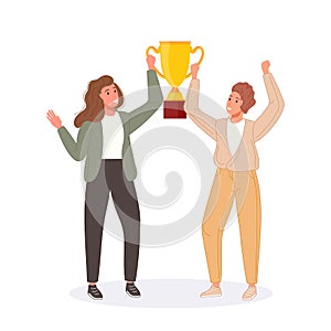 Happy competition champions holding golden cup. Success people winners awarded trophy. Vector illustration business team